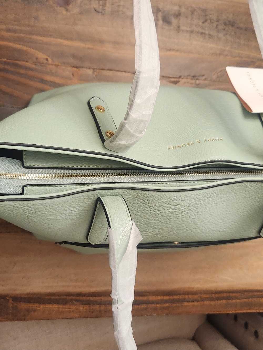 Poppy & Peonies Mint Green Pebbled Tote with Gold Hardware - Picture 6 of 16
